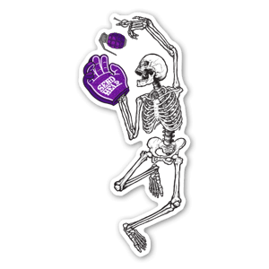 A skeleton plays catch with hand grenade