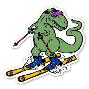 T-rex on a pair of skiis sticker.