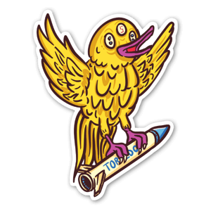 Yellow bird flying on a rocket sticker.