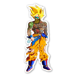 A custom design of Goku fully bearded and tattooed. Hippie style