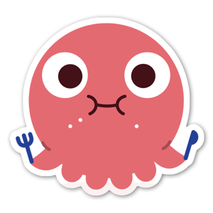 A cute cartoon octopus eating a meal.