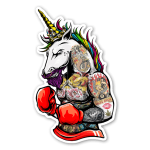 A custom illustration of a bearded and tattooed unicorn!