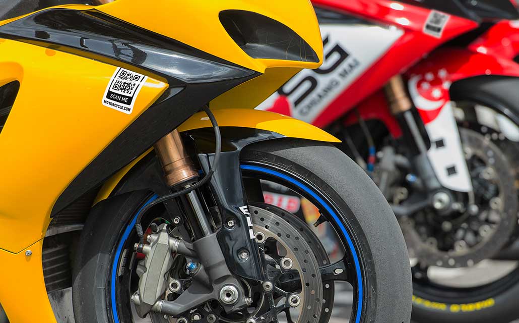 QR code sticker on Speedway bike.