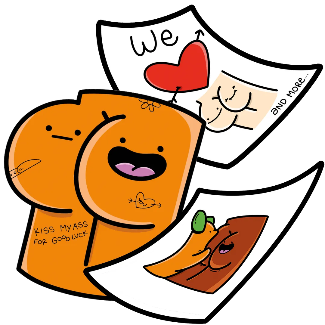 Orange butt character with the text "Kiss my ass for good luck" and NSFW sticker cards from The Dirty Drop