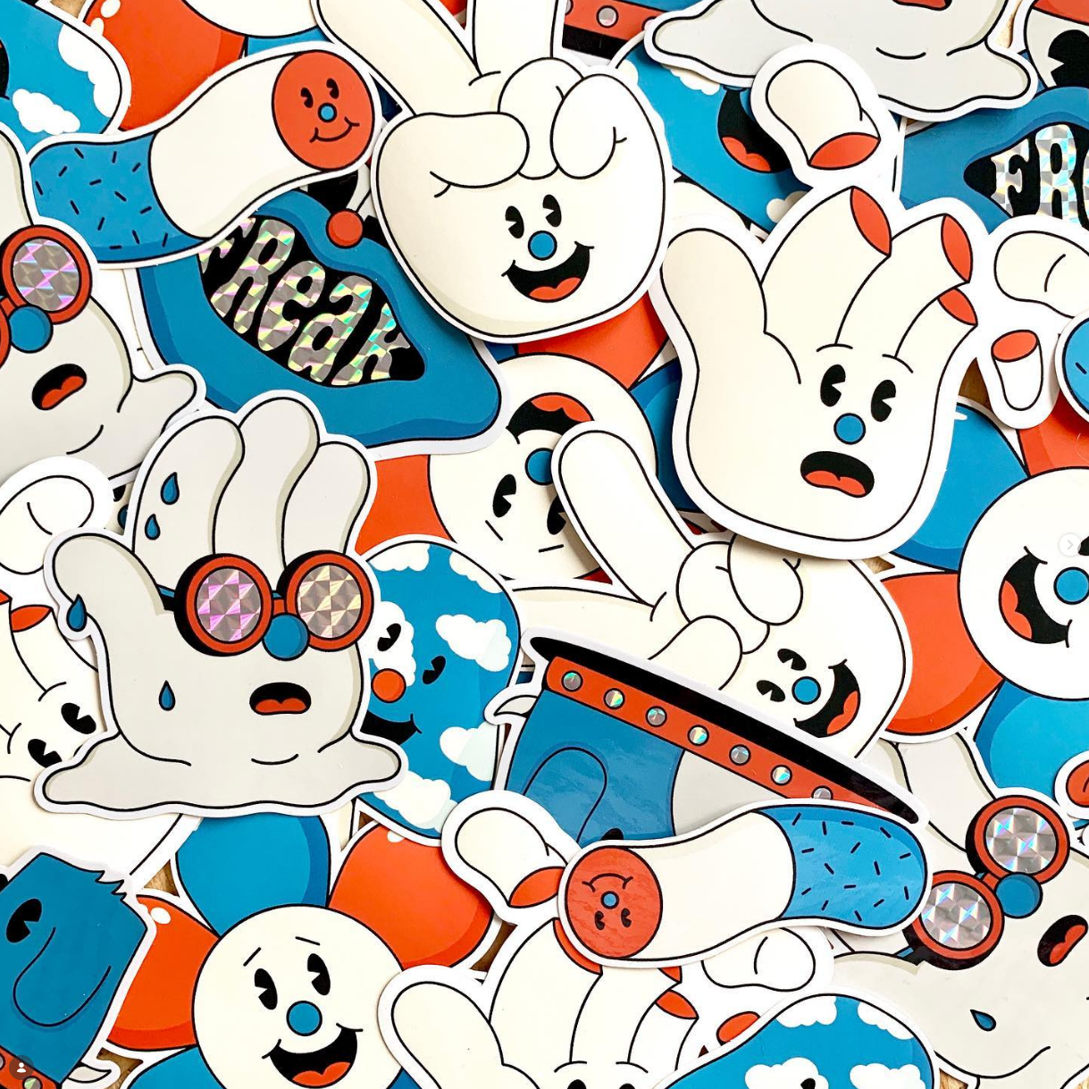Colorful prismatic stickers of cartoon hand Spanky with various expressions and accessories, like sunglasses and hats, overlapping in a lively pattern.