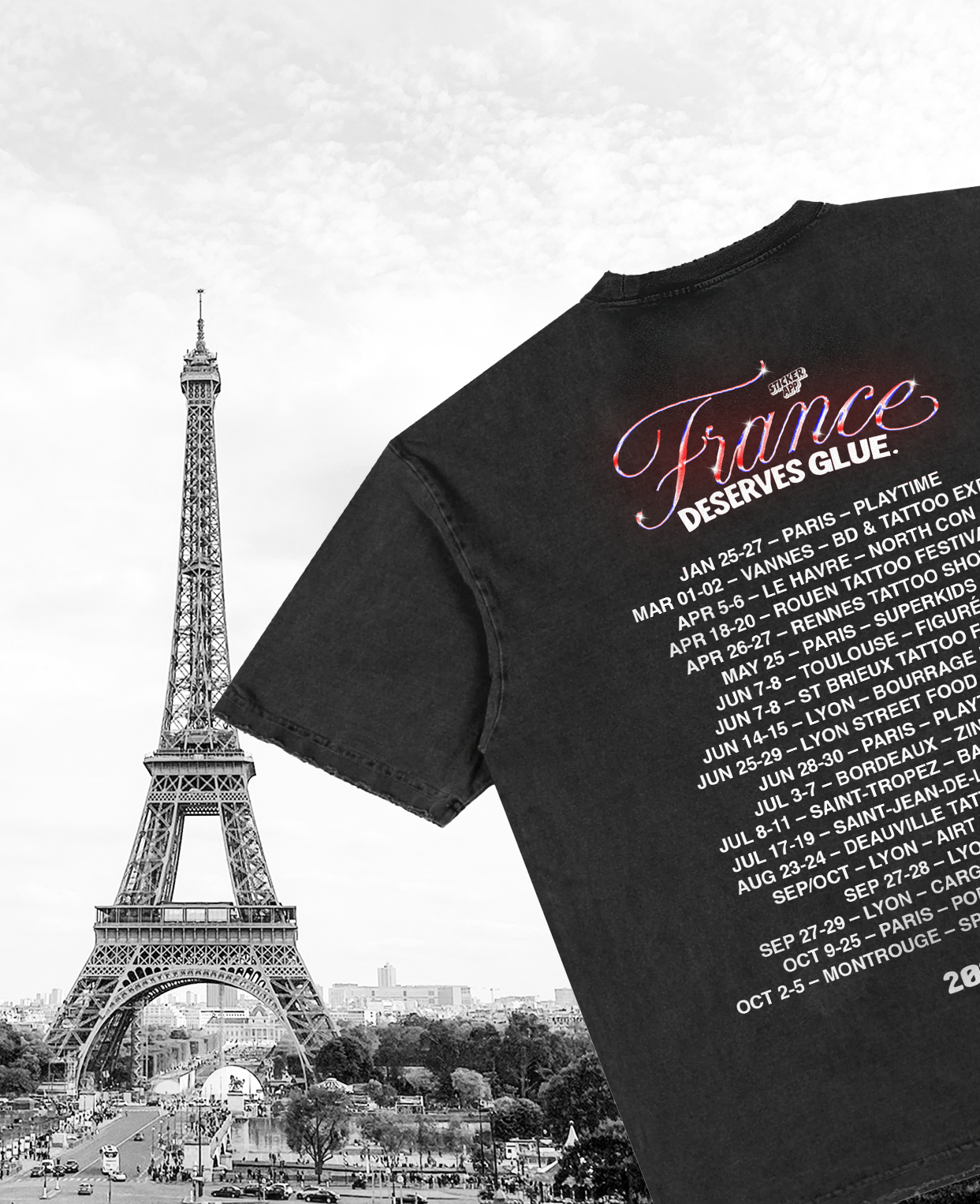Eiffel Tower next to a black "France Deserves Glue" tour T-shirt with 2025 event dates, mobile version