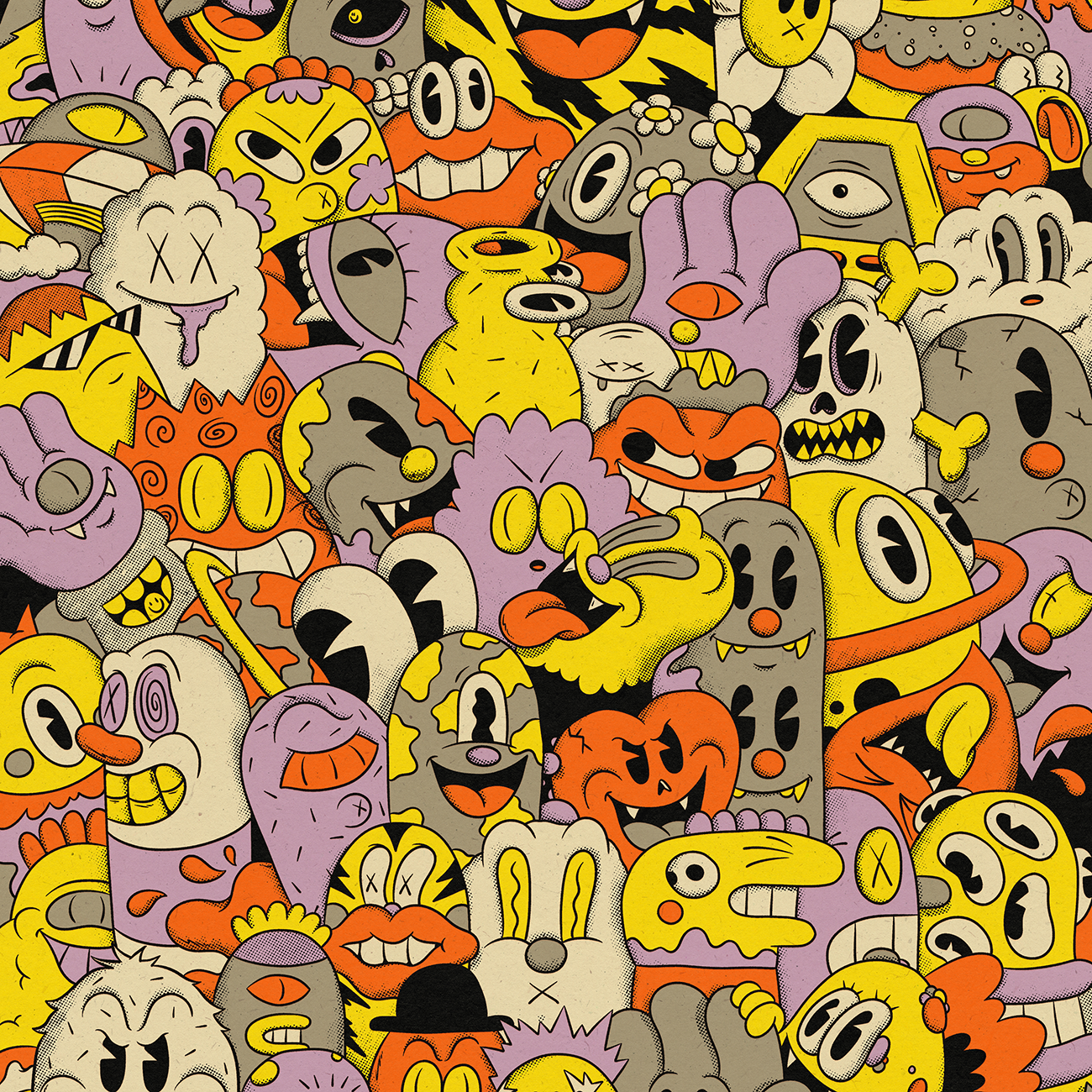 Colorful and chaotic doodle art featuring various imaginative cartoon characters in yellow, orange, purple, and black tones.
