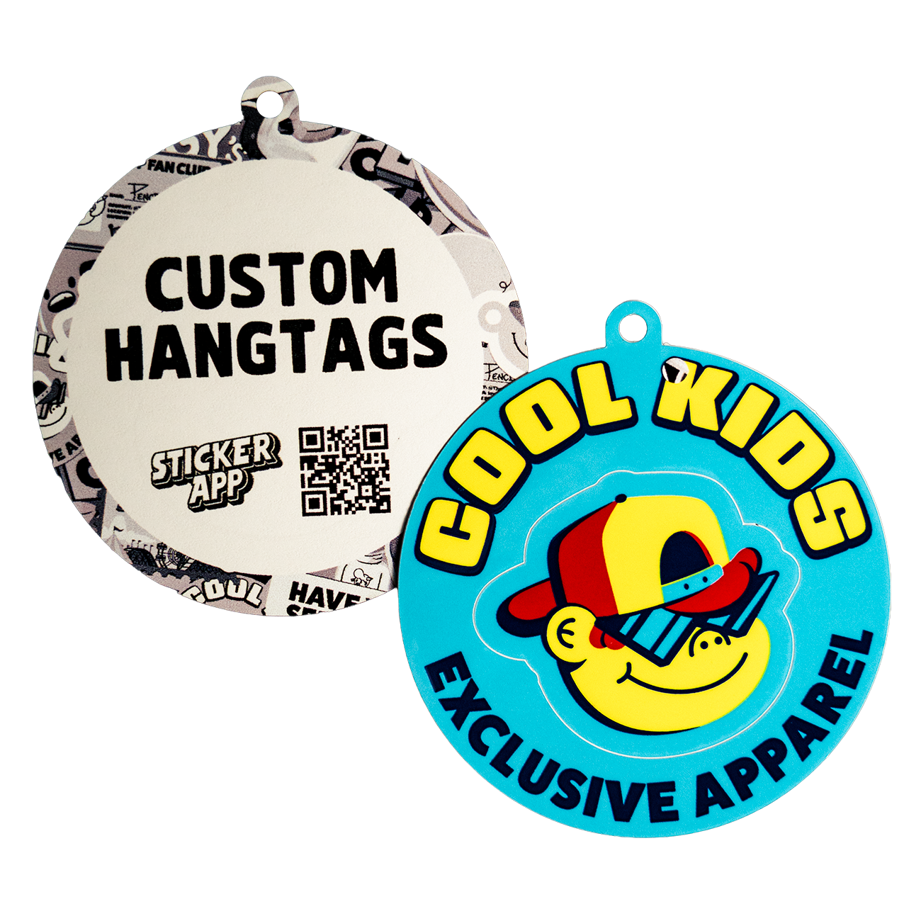 Vinyl hang tag sticker with back paper print and a cool character with sunglasses