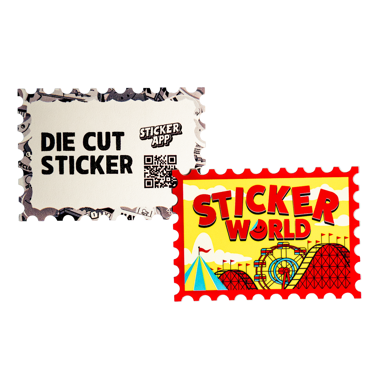 Die-cut vinyl sticker in the shape of a stamp, showing an amusement park and the text "STICKER WORLD"