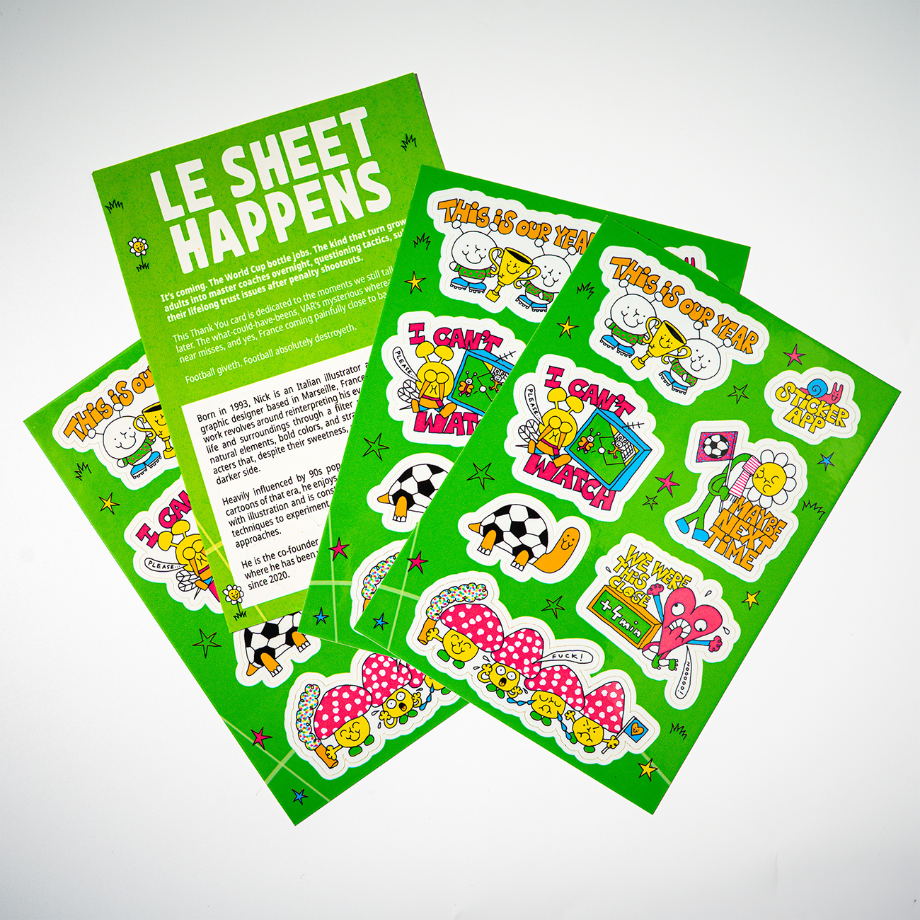 Sticker sheets with football-themes cartoon characters with the text "Le Sheet Happens" against a white background.