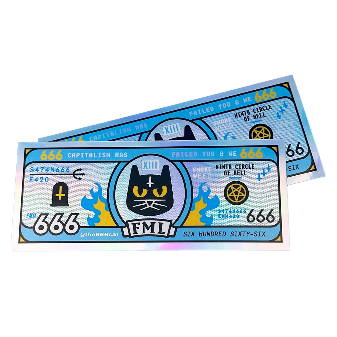 Two matte holographic die-cut novelty bills featuring a black cat, pentagrams, and various symbols.