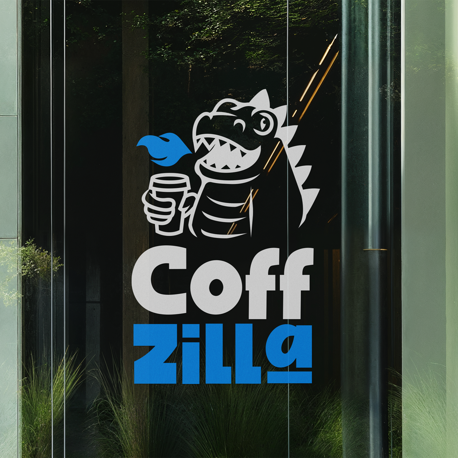 Vinyl transfer of "CoffZilla" featuring a cartoon dragon holding a coffee cup, with stylised blue and white text on a glass surface.
