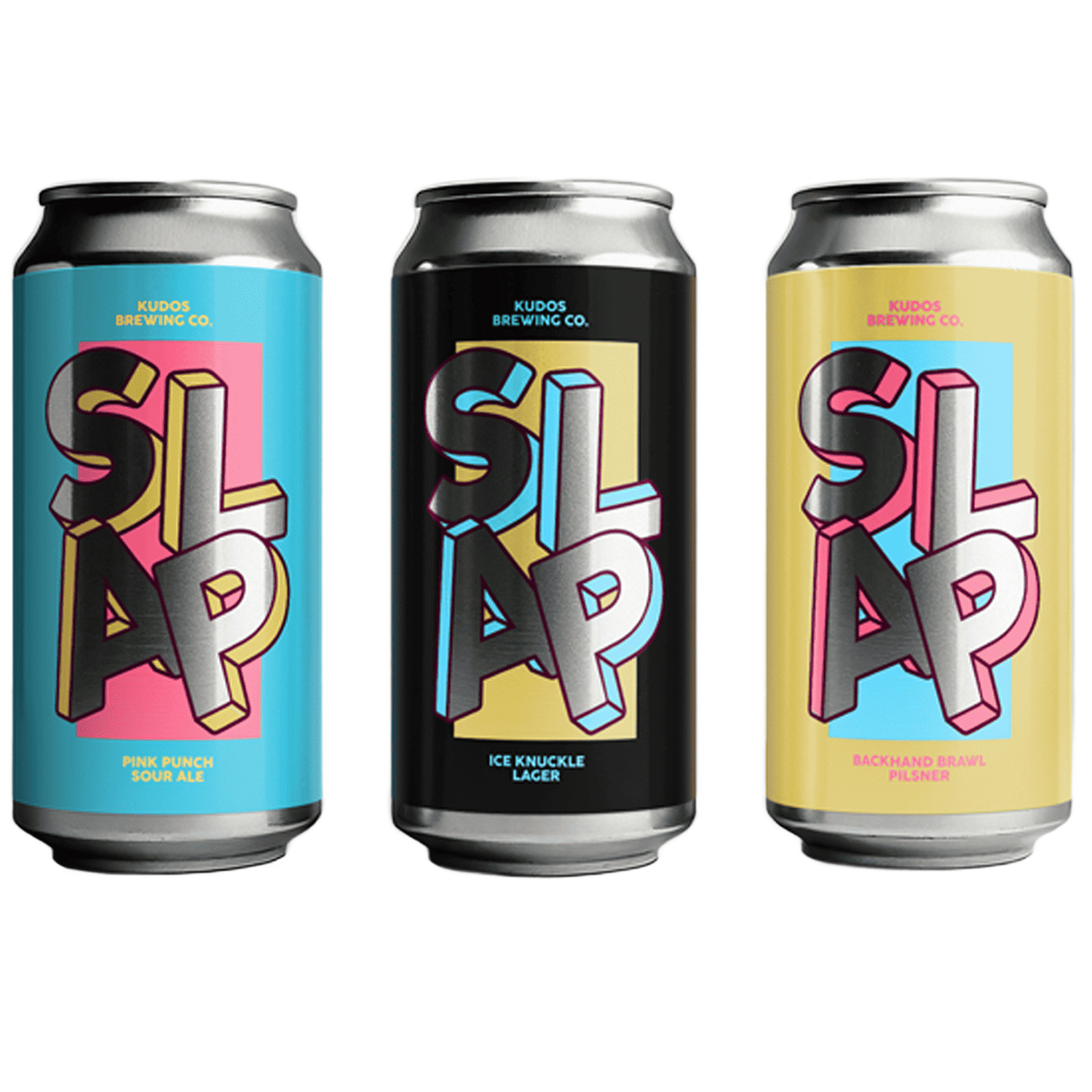 Three beer cans with custom labels for Kudos Brewing Co.'s SLAP beers, with bold lettering in a metallic silver finish