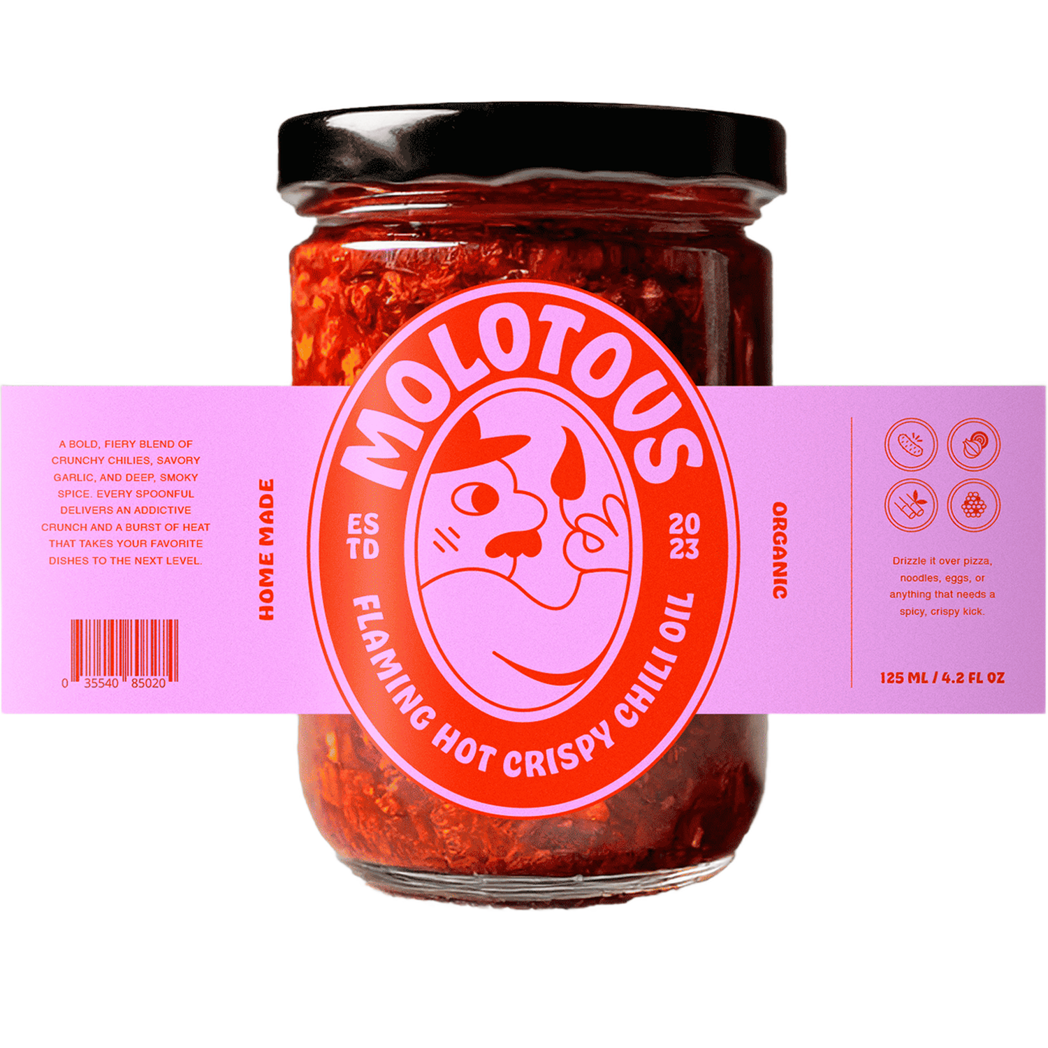 Glass jar of Molotous Flaming Hot Crispy Chili Oil with a pink and red personalised wrap-around label