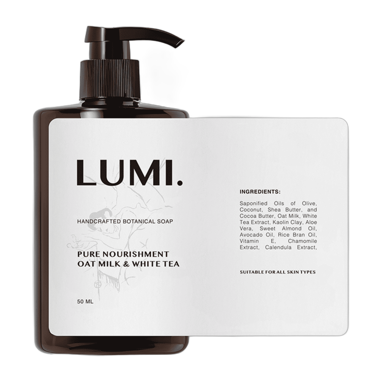 Brown pump bottle of LUMI handcrafted botanical soap with a white personalised label, shown next to the full flat label with ingredients