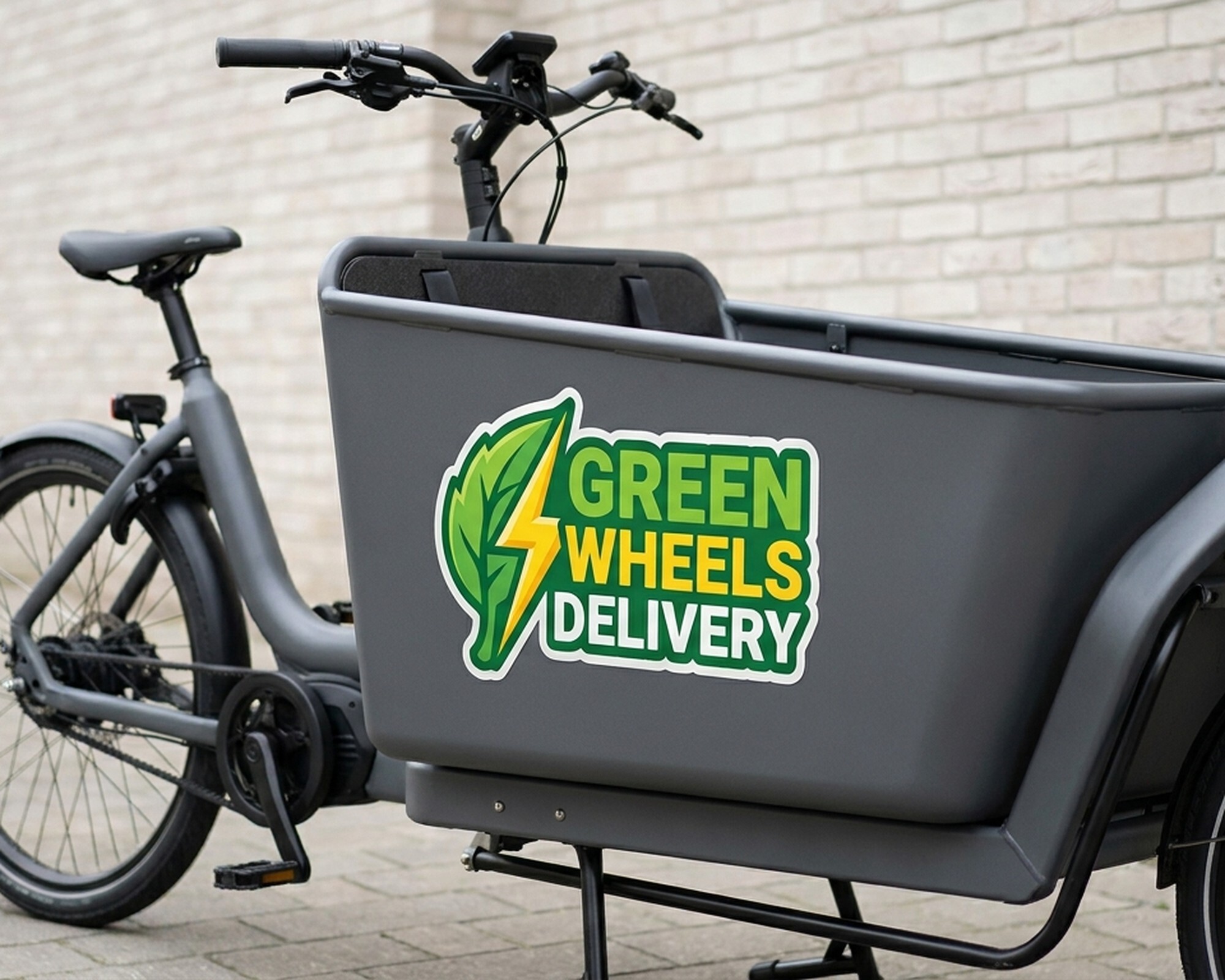 Die-cut custom decal with a leaf and lightning bolt logo reading "Green Wheels Delivery" on a cargo bike box