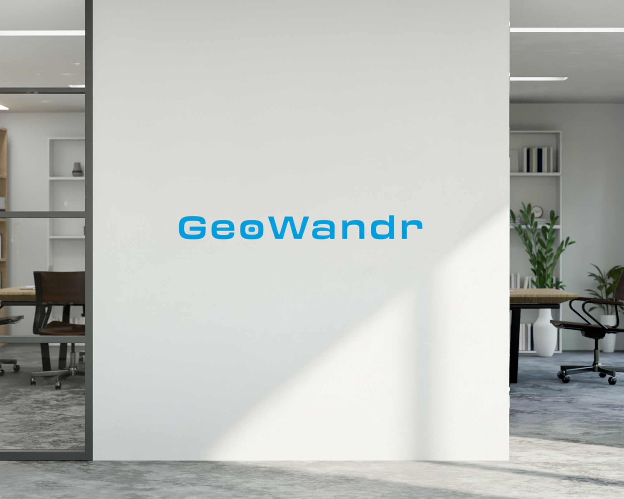 Office space with "GeoWandr" vinyl transfer on a white wall. Modern design with glass partition, plants, and chairs in the background.