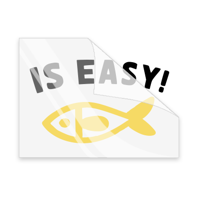 icon of a transfer with a partially peeled corner showing "IS EASY!" text and a yellow fish symbol on a white background.