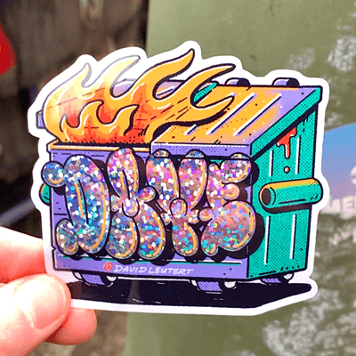 Glitter detailed sticker of burning container.