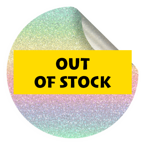 A round, glittery sticker with a curled edge, featuring a yellow banner that reads "OUT OF STOCK" in bold black letters.