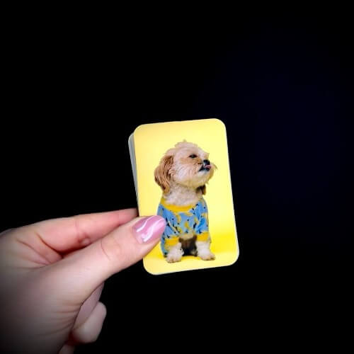 A person holding a small dog mirror sticker in their hand