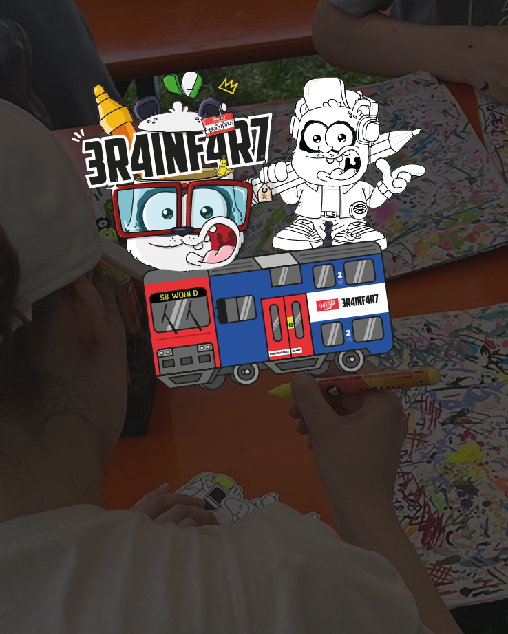 Brainfart x StickerApp sticker illustration of cartoon characters on an S8 World train, over a festival drawing workshop