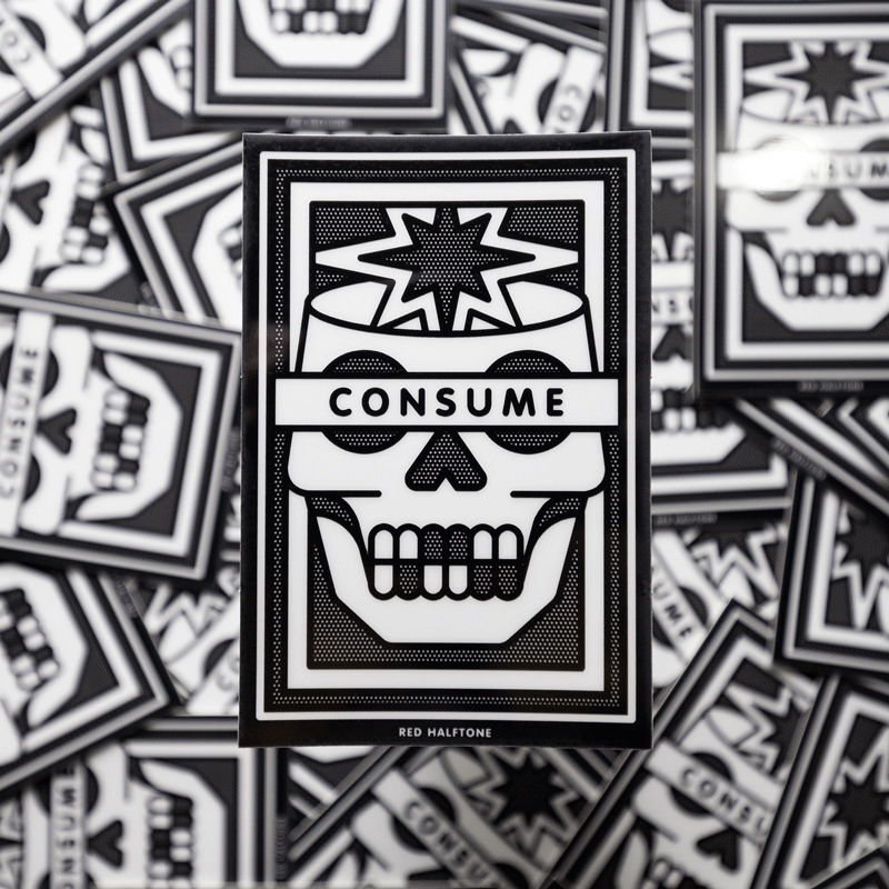Glow-in-the-Dark-sticker with the word "consume" and a skull with a star.